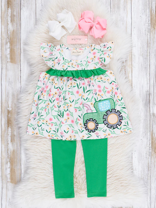 Green Floral Embroidered Tractor Ruffle Outfit
