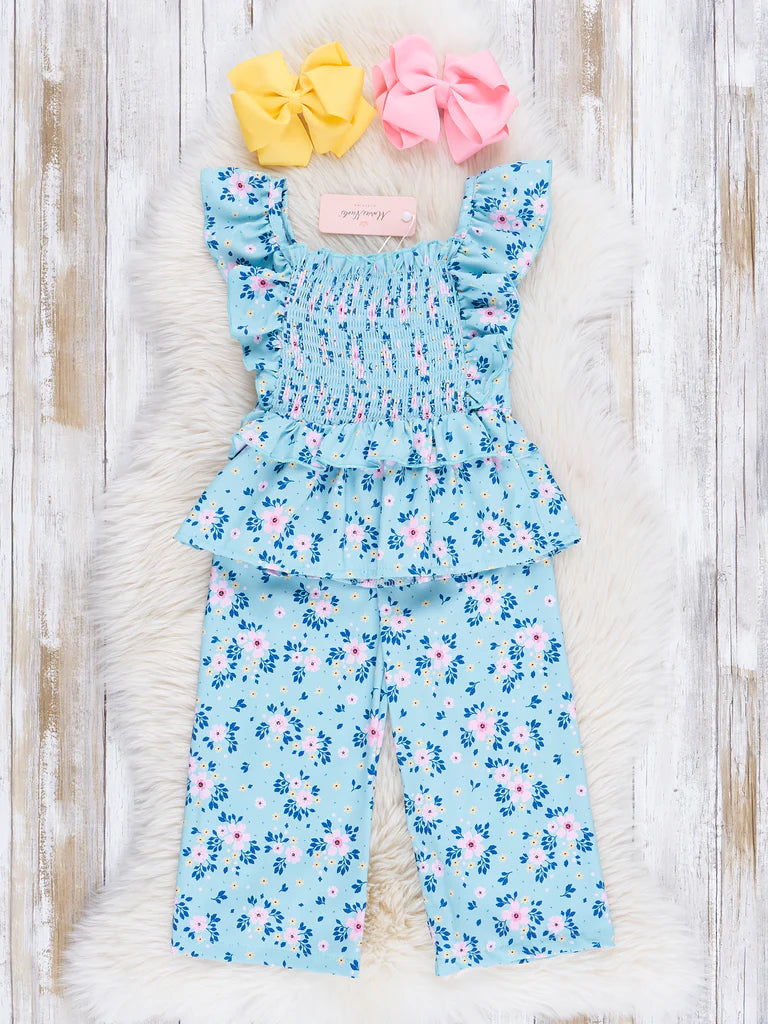 Blue Bouquet Smocked Ruffle Outfit
