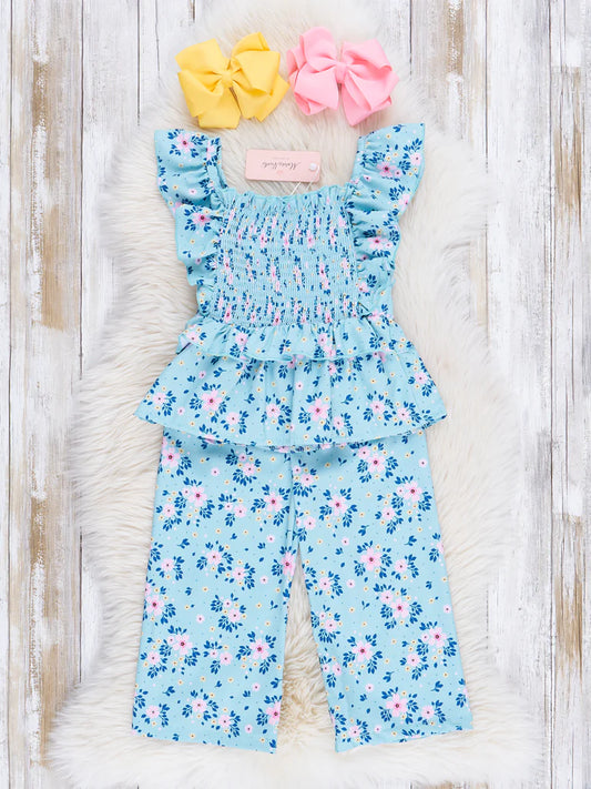 Blue Bouquet Smocked Ruffle Outfit