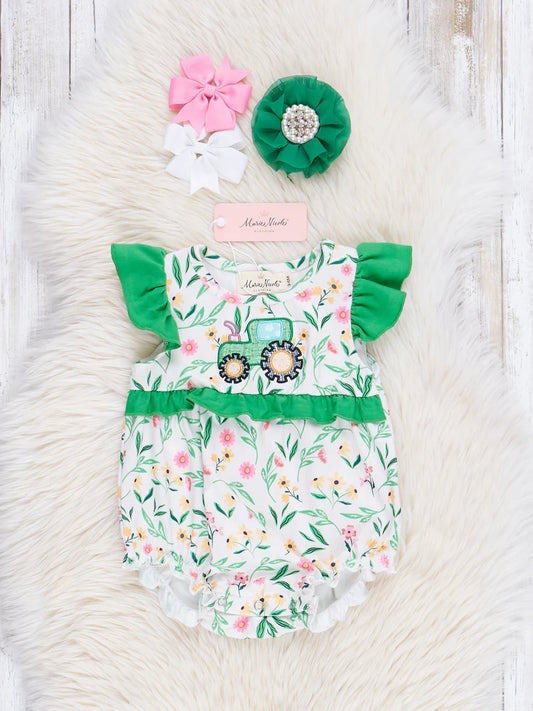 Green Floral Embroidered Tractor Ruffle Bubble