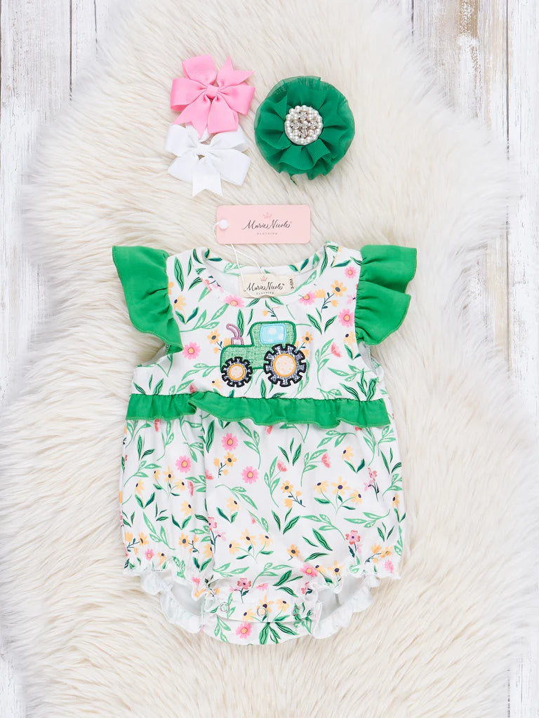 Green Floral Embroidered Tractor Ruffle Bubble